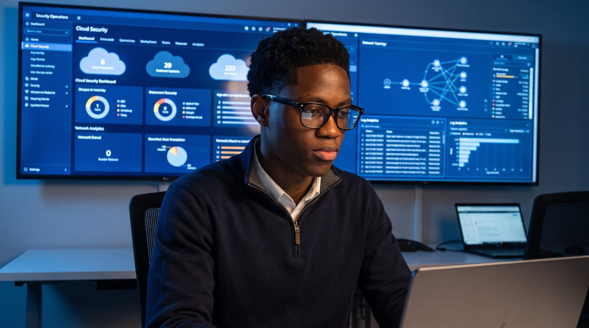 Isa'ac Godwin Mvodo Ngo'o working at a desk in front of security dashboards
